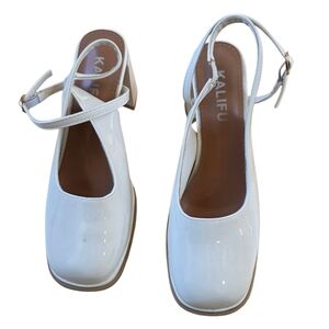 Kalifu White Patent Square Toe Block Heel Strappy Pumps Size 240 US Size 7